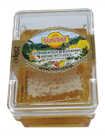 Suntat Blütenhonig im Blütenwabenstück, bio Honey in glas, 250g